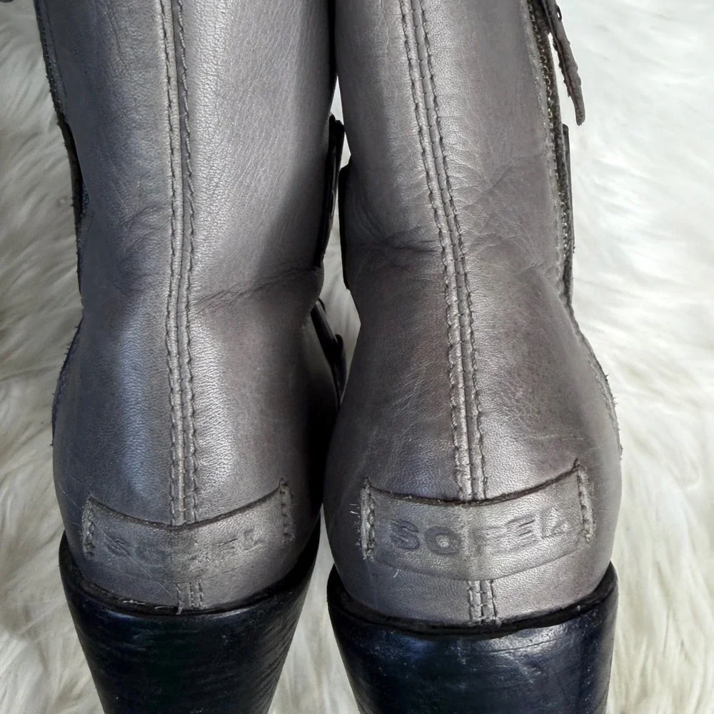 Sorel After Hours Grey Black Buckle Wedge Moto Boots NL2550-052 Womens 7.5